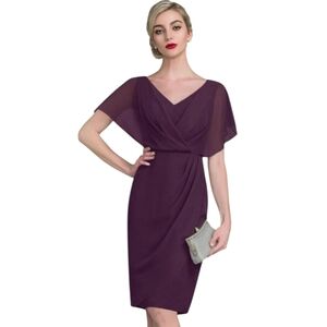 JJs House Plum V-Neck Midi Dress with Sheer Capelet